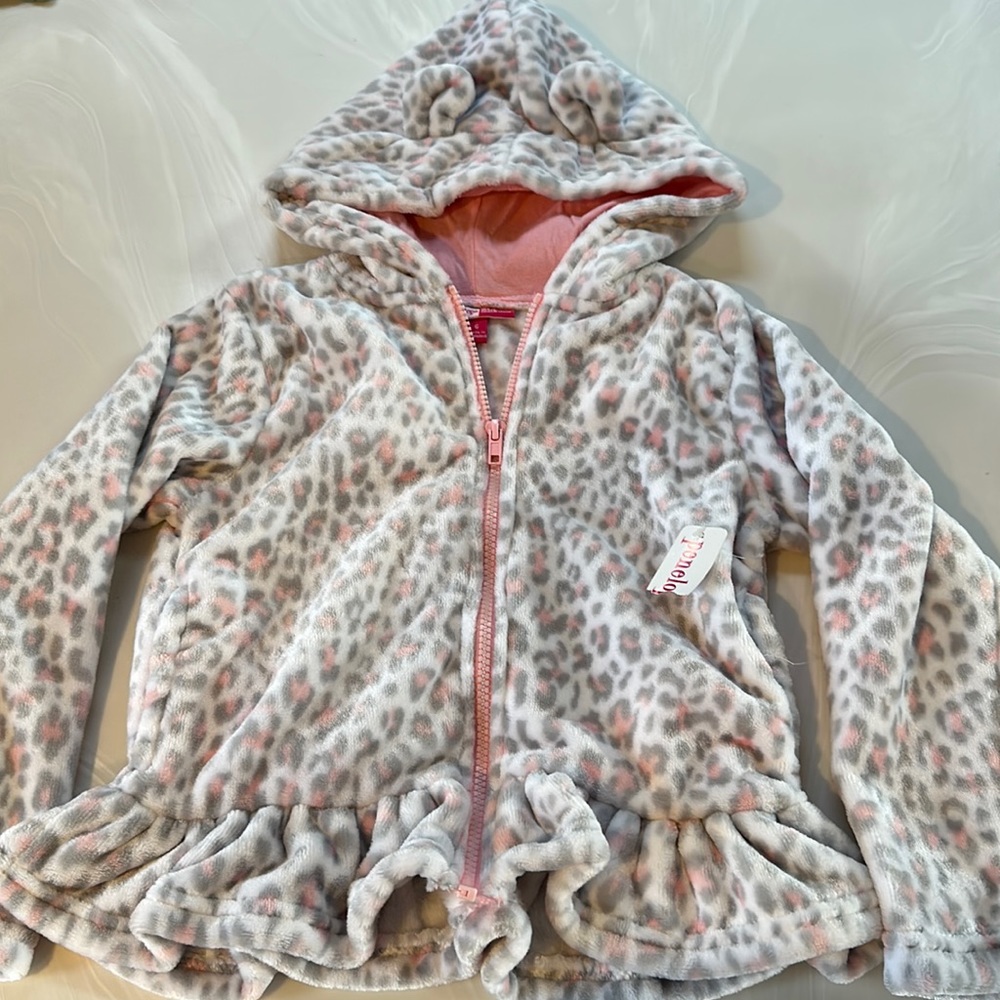Penelope Mack fleece pink leopard ruffle jacket SZ 6